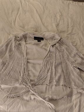 Polly & Esther White Blouse with Black Pinstripes - Tie Front